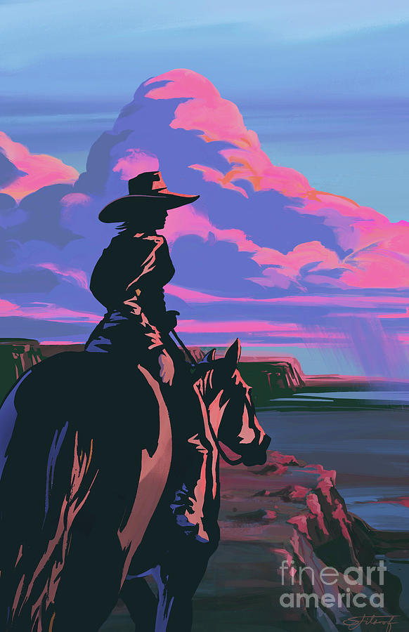 Scenic Sunset Canyon Cowgirl Painting by Sassan Filsoof
