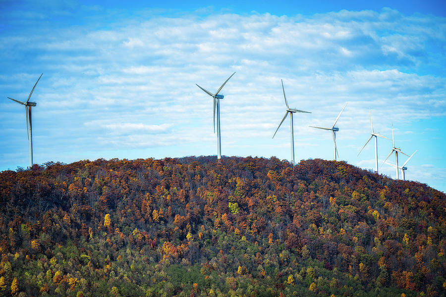 Scenic view along Corridor H highway in the Fall with windmills Photograph by Dan Friend
