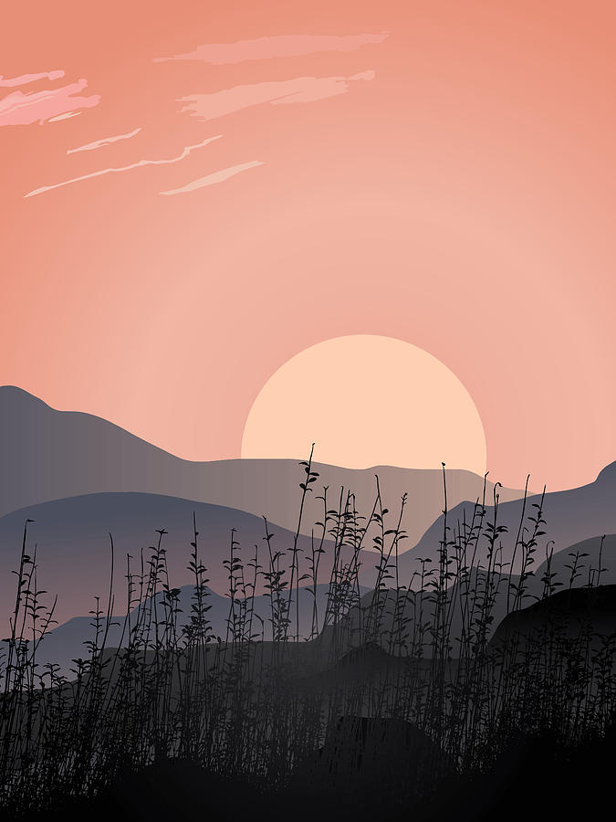 Mountain Drawing - Scenic view of sunset in a desolate landscape, Mountains grass silhouette, Sunset sunrise mountain by Mounir Khalfouf