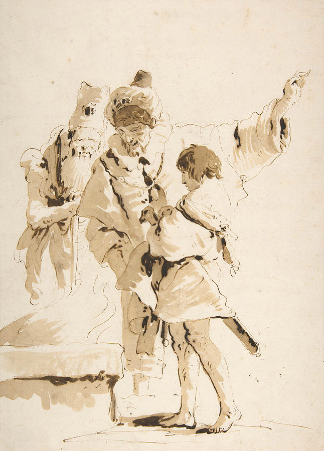Scherzo di Fantasia - Two Standing Orientals and a Standing Youth with a Sword Drawing by Giovanni Battista Tiepolo