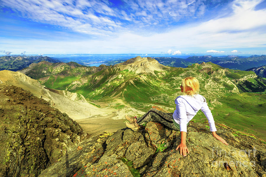 Schilthorn Switzerland woman hiking Photograph by Benny Marty