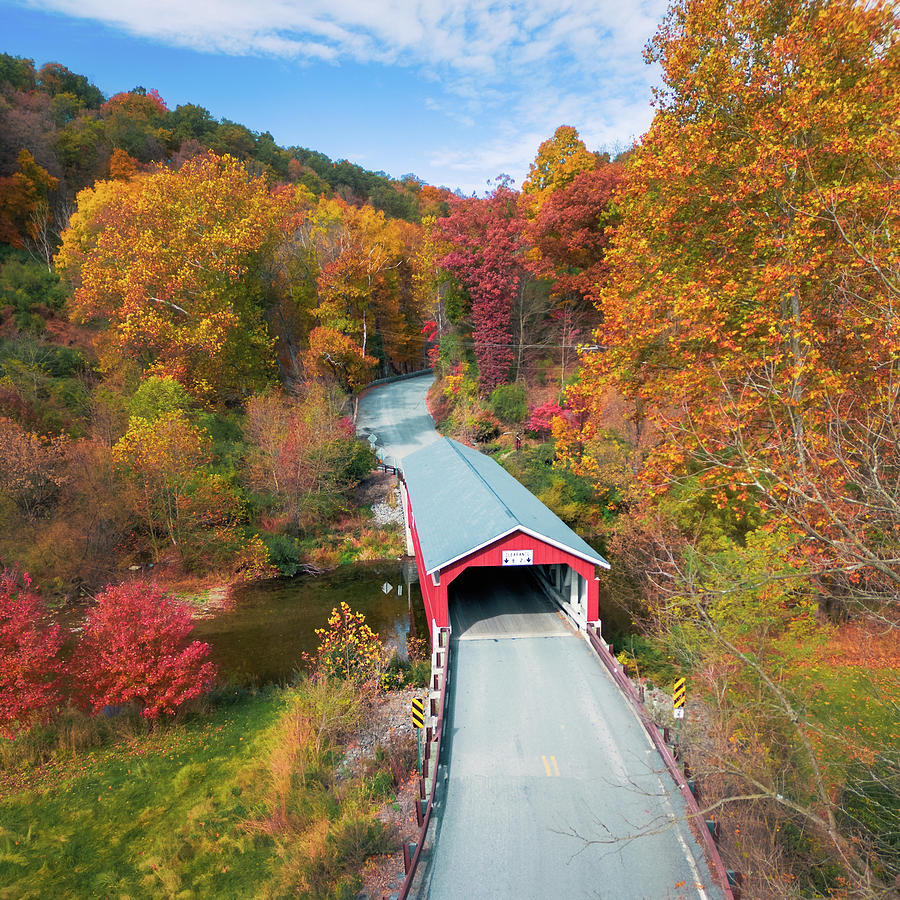 Schlichers Covered Bridge Autumn Aerial Facing North Photograph by Jason Fink