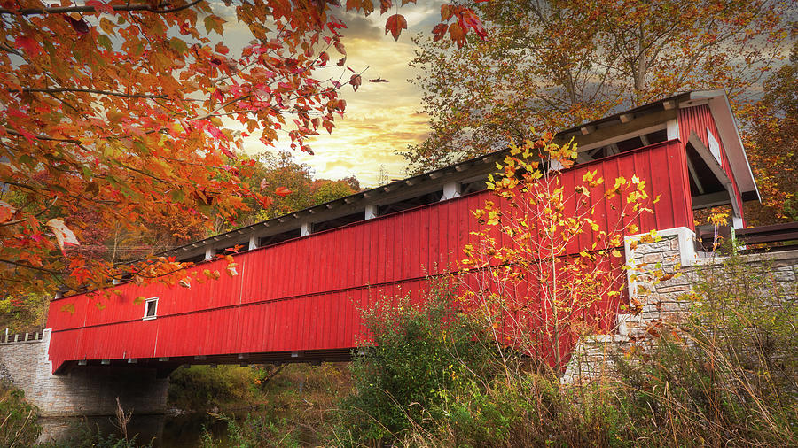 Schlichers Covered Bridge Autumn Sunrise Photograph by Jason Fink