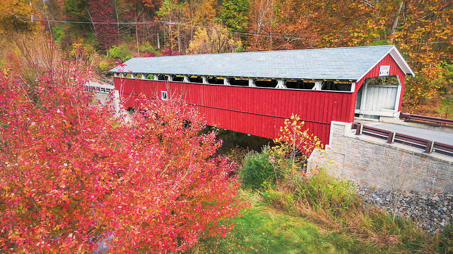 Schlichers Covered Bridge Elevated Autumn View Photograph by Jason Fink