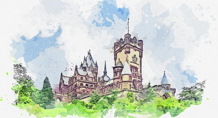 Schloss Drachenburg or Drachenburg Castle 2, watercolor, by Ahmet Asar ...