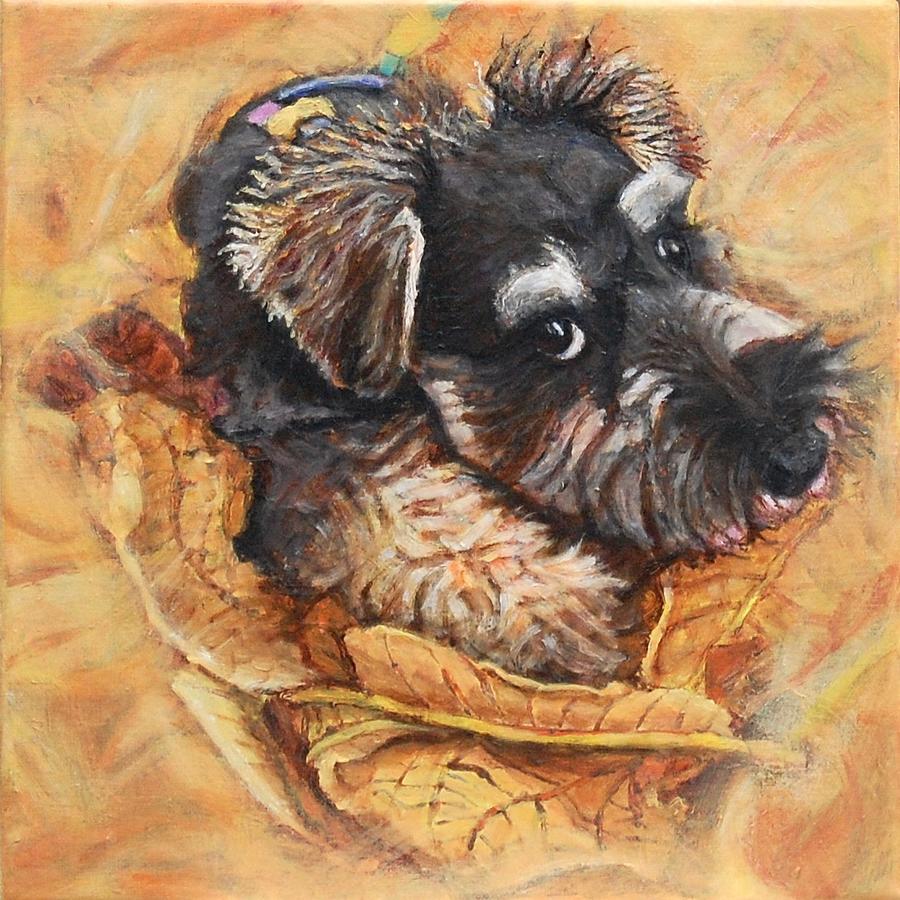 Schnauzer And Leaves Painting by Yen