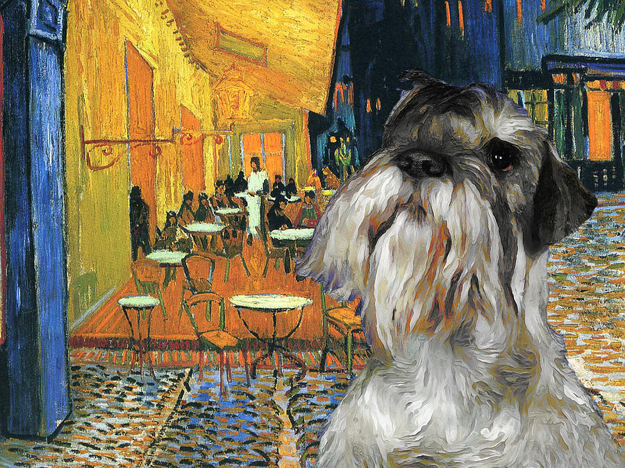 Schnauzer Art Cafe Terrace at night Van Gogh Schnauzer Dog Print Painting by Sandra Sij
