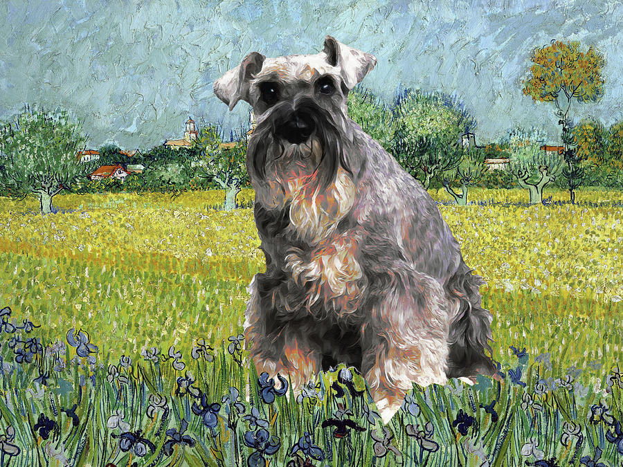 Schnauzer Art View of Arles with Irises in the Foreground Van Gogh Schnauzer Dog Print Painting by Sandra Sij