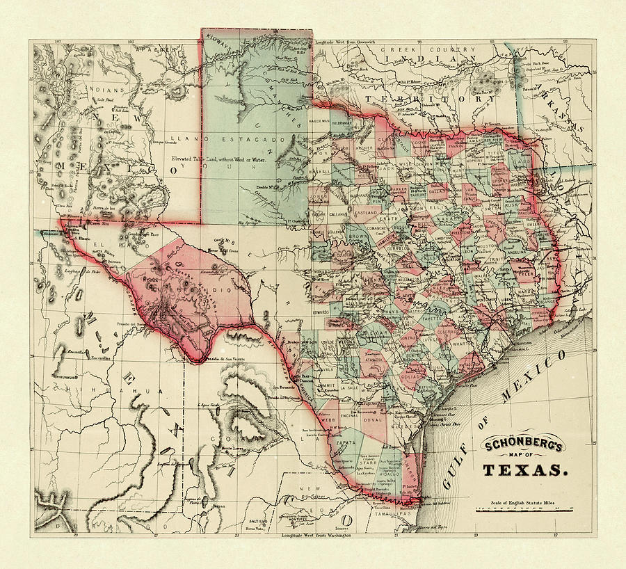 Schonberg's map of Texas, 1866 Drawing by Schonberg and Co - Fine Art ...