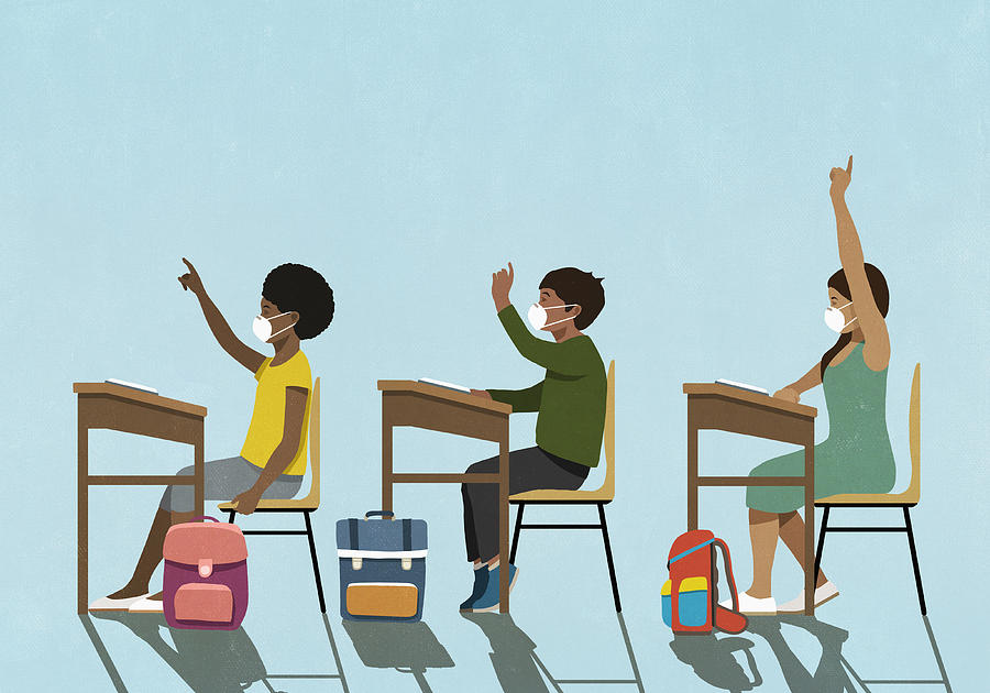 School children in face masks raising hands at classroom desks Drawing by Malte Mueller