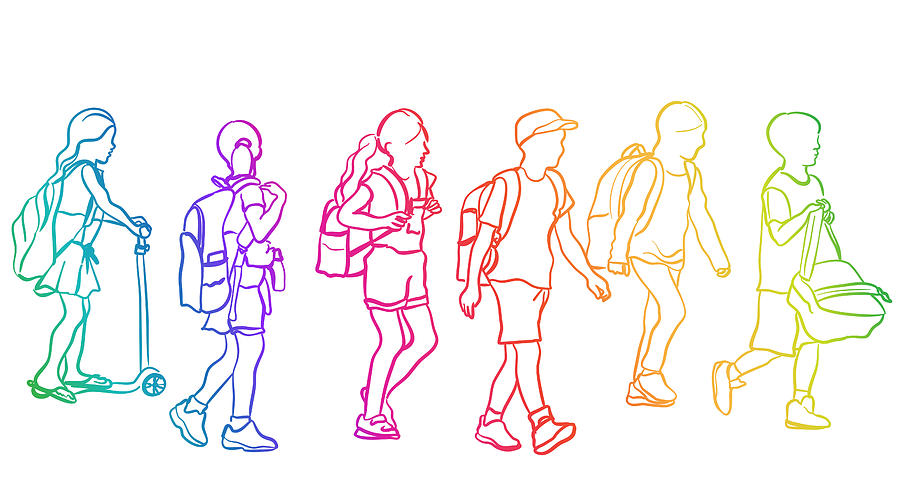 School Kids Walking Rainbow Drawing by A-Digit