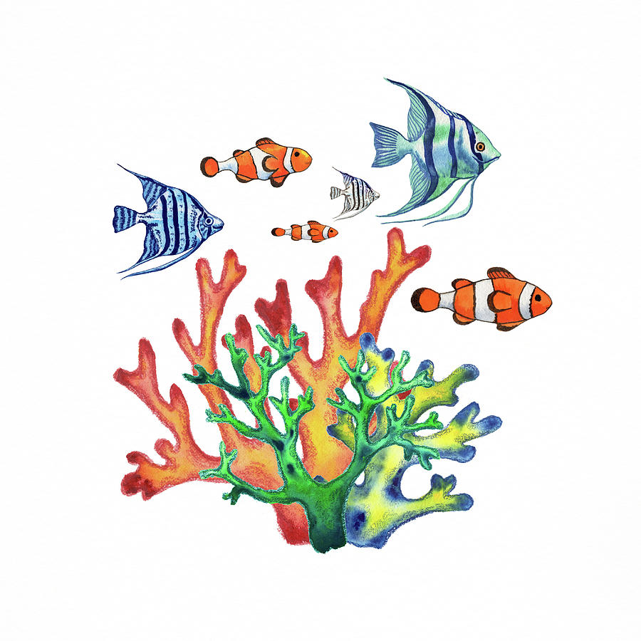 School Of Happy Fish In Corals  Painting by Irina Sztukowski