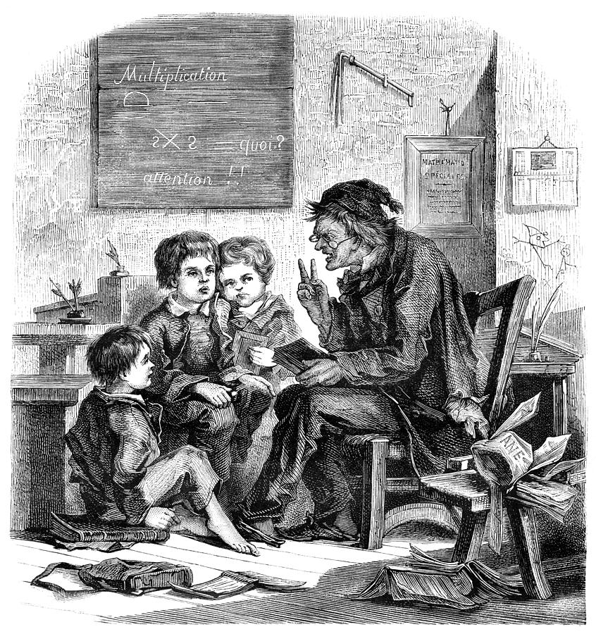 School teacher and pupils in classroom from 1875 Drawing by Grafissimo