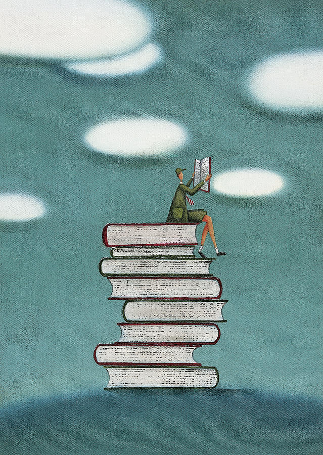 Schoolboy Sitting on a Stack of Books Reading Drawing by Mandy Pritty