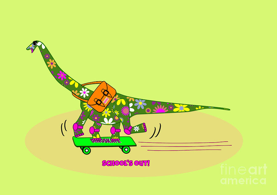 Brachiosaurus Dinosaur on Skateboard - Schools Out Digital Art by Barefoot Bodeez Art