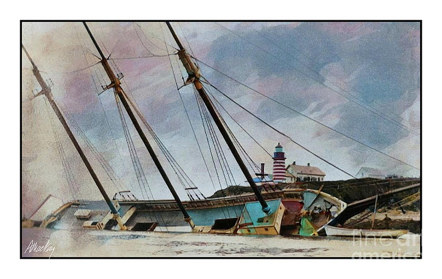 SCHOONER AGROUND,  the three masted schooner, Lanie Cobb 1915 Digital Art by Art MacKay