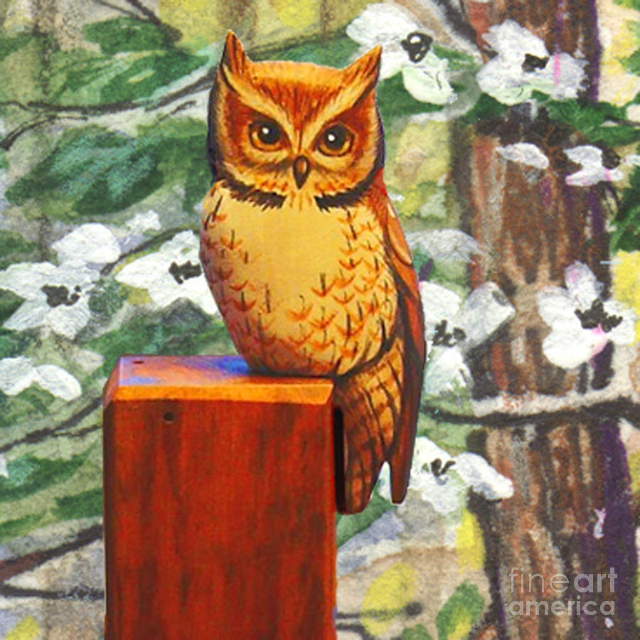 Schreeeh Owl among the Dogwoods Painting by Kay Lake