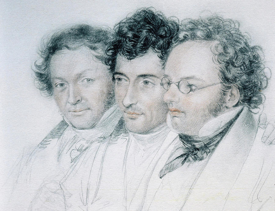 Schubert with friends Johann Baptist Jenger and Anselm Huttenbrenner, Chalk drawing, 1827, Priva... Painting by Josef Eduard Teltscher -1801-1837-