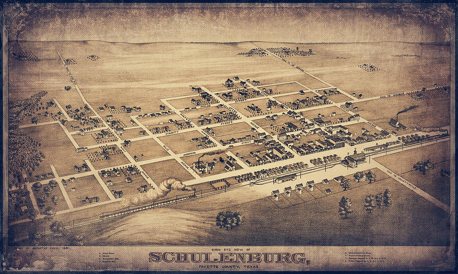 Schulenburg Texas Vintage Map Birds Eye View 1881 Sepia Photograph by ...