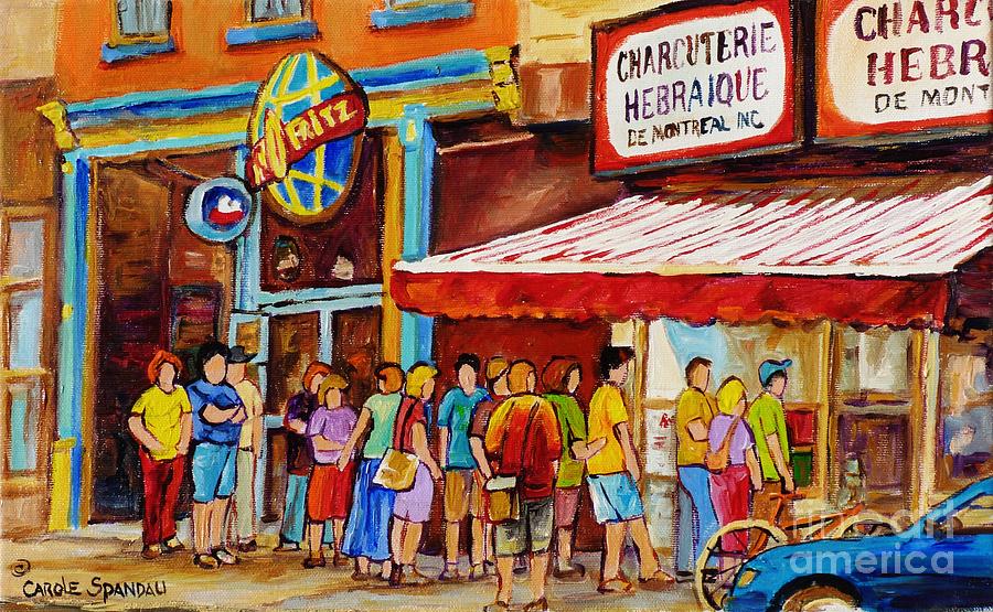 Schwartz Lineup Famous Red Awning Landmark Painting By Canadian Montreal Artist Carole Spandau Painting by Carole Spandau