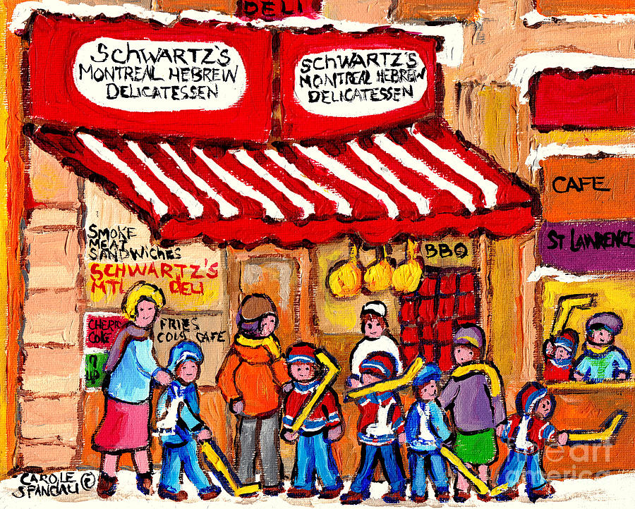 Schwartzs Best Smoked Meat Deli Montreal Landmark Hockey Kids C Spandau Winter Cityscene Quebec Art Painting by Carole Spandau