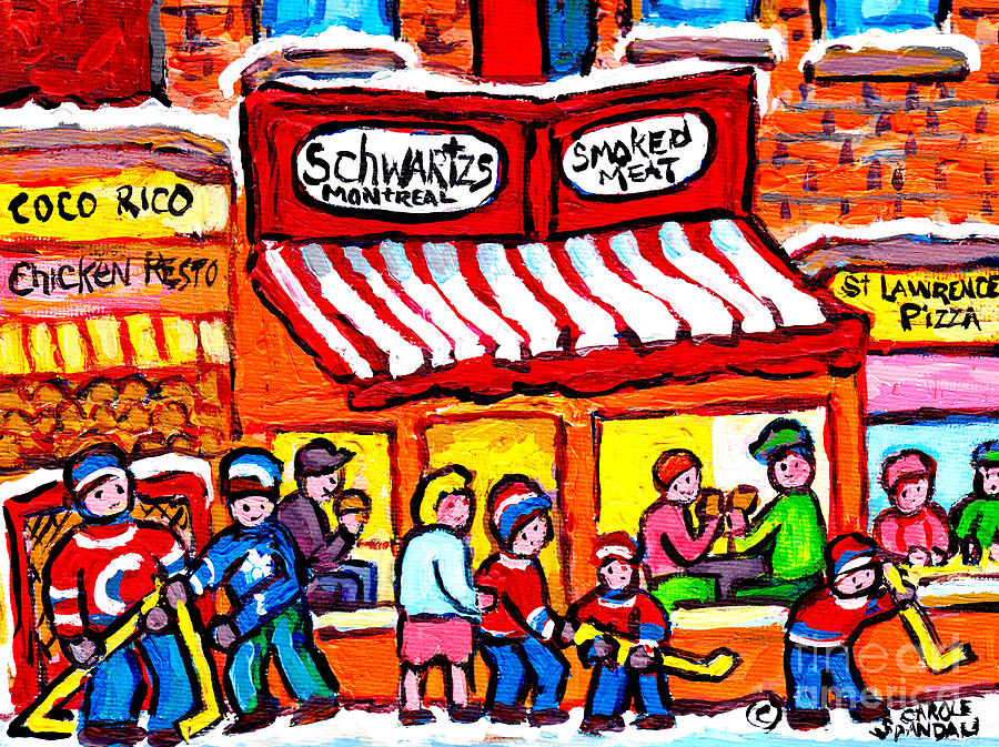 Schwartzs Best Smoked Meat Sandwich C Spandau Hand Painted Original Montreal Hockey Art For Sale Painting by Carole Spandau