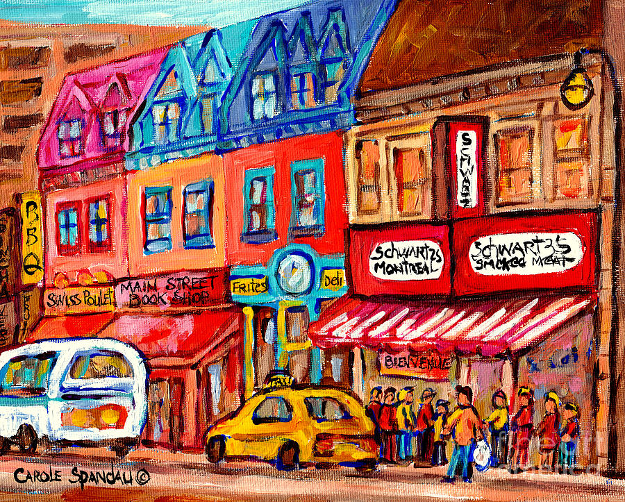 Schwartzs Deli Street Scene Painting C Spandau Canadian Artist Montreal Landmark Vintage St Laurent Painting by Carole Spandau
