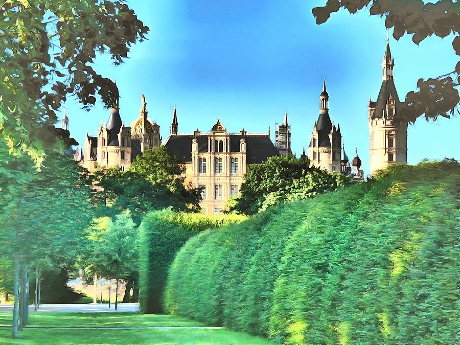 Schwerin castle protected by high hedges Digital Art by Marina Kaehne