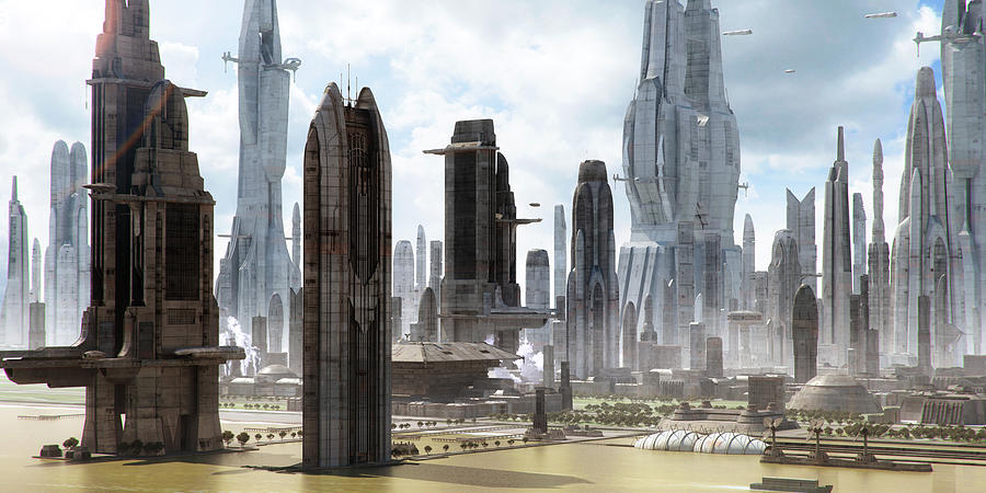 Science-fiction city with giant skyscrapers and flying spaceships ...