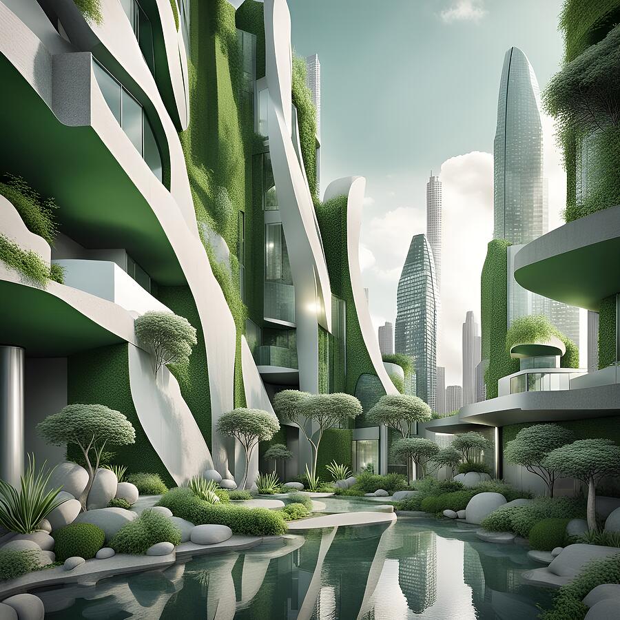 Science Fiction Ciy in Gray and Green Digital Art by Judi Suni Hall