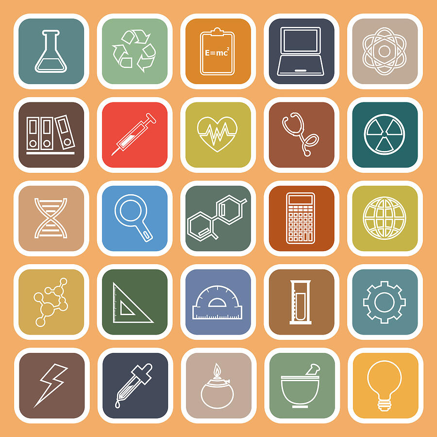 Science line flat icons on orange background Drawing by Punsayaporn