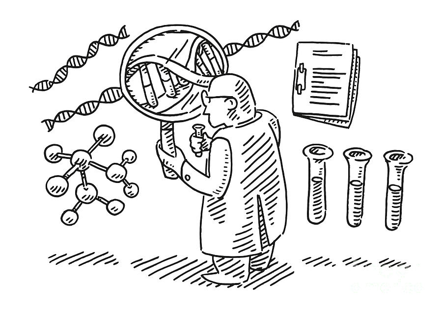 Black And White Drawing - Scientist Symbols DNA Molecular Research Drawing by Frank Ramspott