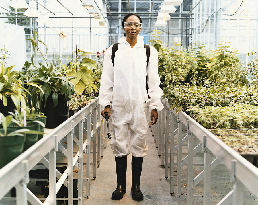 Scientist Wearing Protective Clothing Standing in a Greenhouse Photograph by Noel Hendrickson