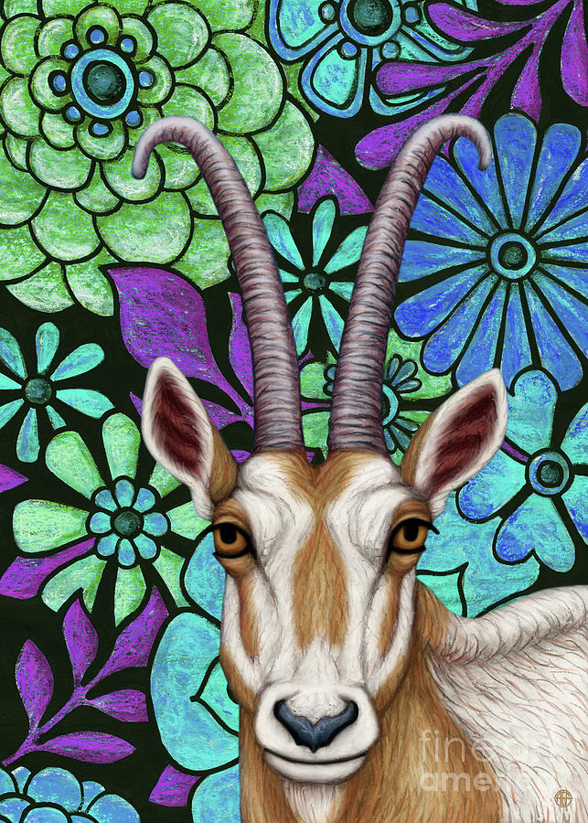 Scimitar Horned Oryx Floral Painting by Amy E Fraser