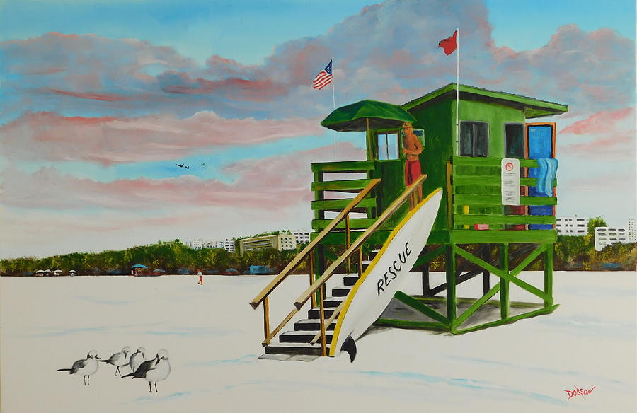 Siesta Key Beach Painting - Scooter At The Magical Green Lifeguard Stand On Siesta Key by Lloyd Dobson