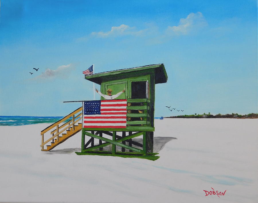Scooter At The Siesta Key Beach Green Lifeguard Stand Painting by Lloyd Dobson