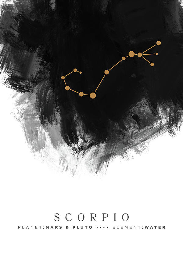 Abstract Mixed Media - Scorpio Zodiac Sign - Minimal Print - Zodiac, Constellation, Astrology, Good Luck, Night Sky - Black by Studio Grafiikka