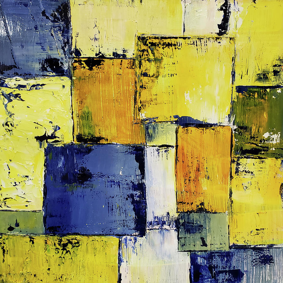 SCOTCH ON THE ROCKS Abstract Squares in Yellow Blue Orange White Painting by Lynnie Lang