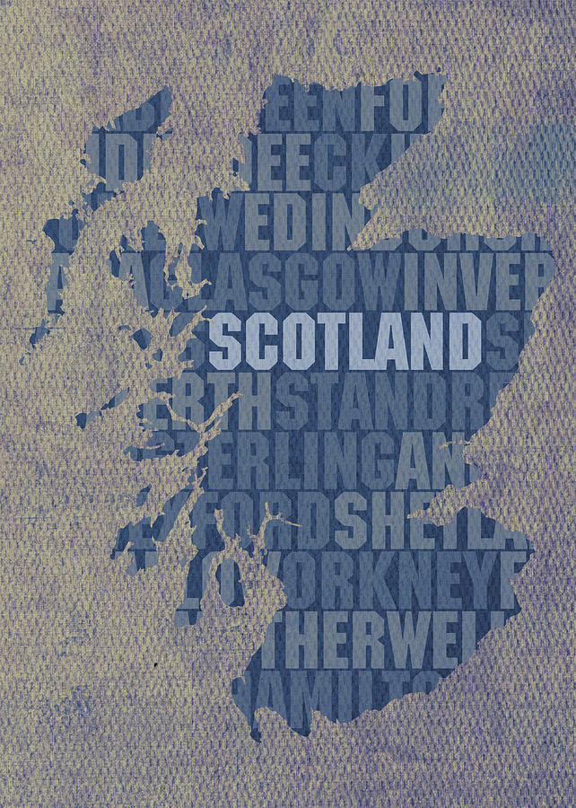 Scotland Country Word Map Typography on Distressed Canvas Mixed Media ...