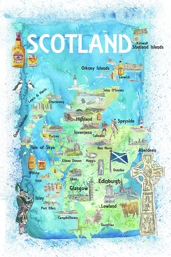 Scotland Illustrated Map with Landmarks and Highlights Painting by M ...