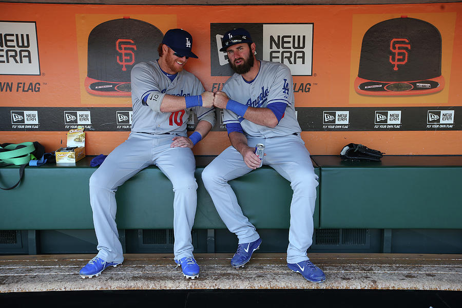 Scott Van Slyke and Justin Turner Photograph by Brad Mangin Scott Van Slyke and Justin Turner Photograph by Brad Mangin