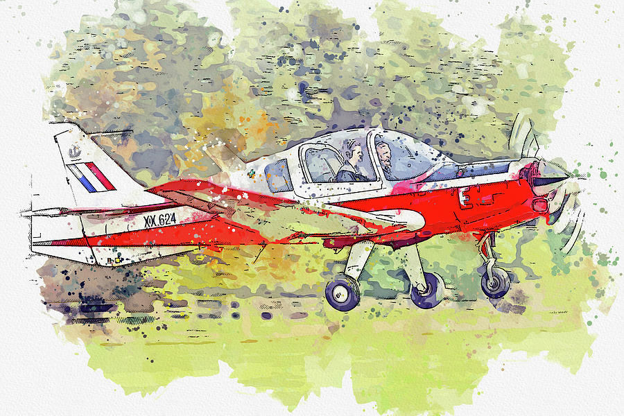 Scottish Aviation Bulldog T G-kdog  Raf Xx War Planes In Watercolor Ca By Ahmet Asar Painting