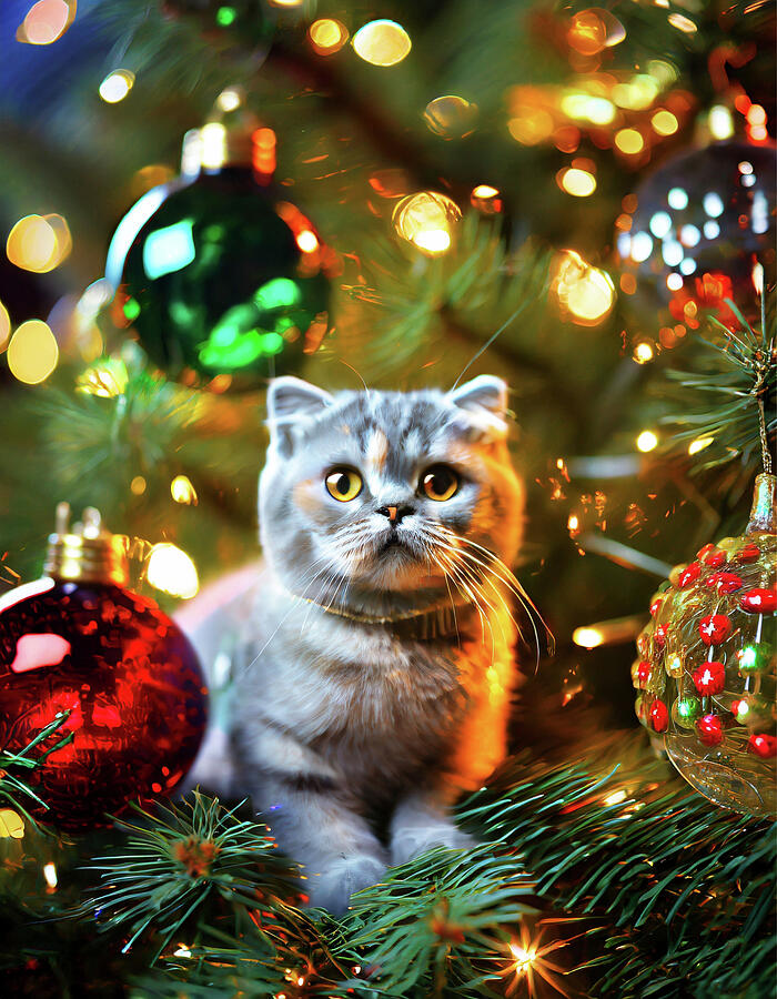 Scottish Fold Cat Glass Christmas Ornament 2 Digital Art by David Smith