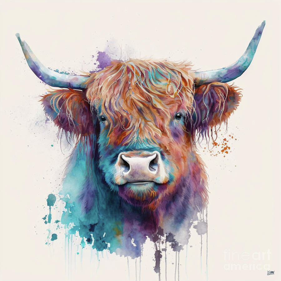 Cow Digital Art - Vibrant Scottish Highland Cow  by Lauras Creations