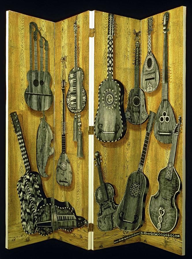 Screen in four panel decorated with musical instruments guitar, lute, violi, 1920s. Private Col... Painting by Piero Fornasetti -1913-1988-