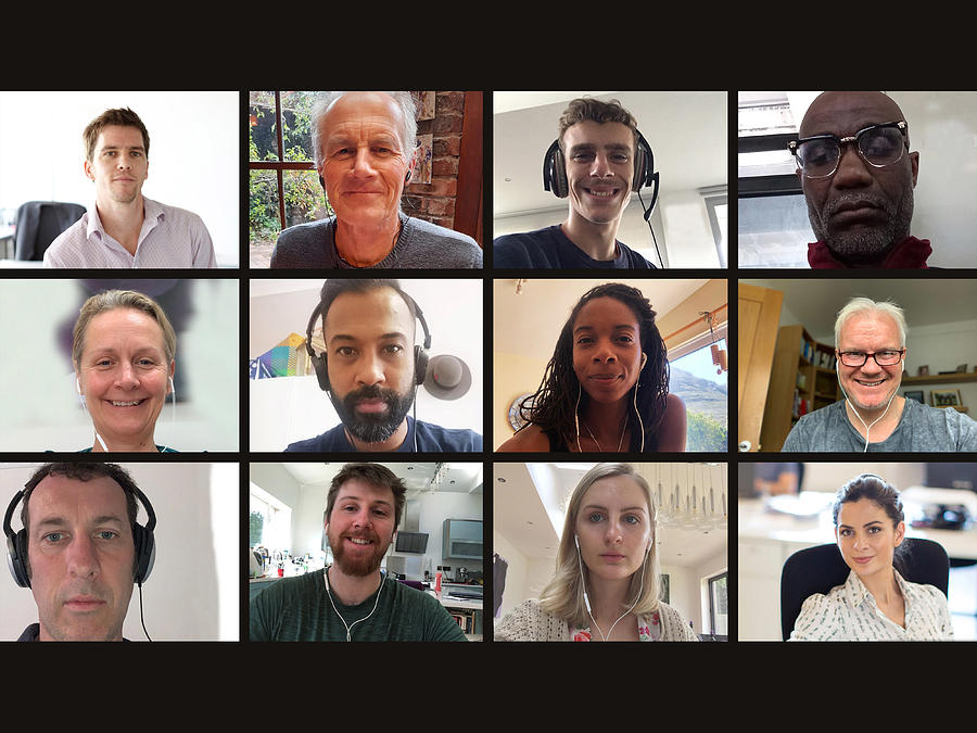 Screen of multiple work colleagues on video call Photograph by Alistair Berg