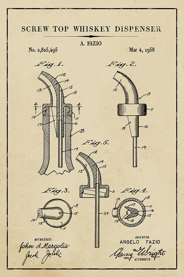 Screw Top Whiskey Dispenser Blueprint Patent on Aged Paper Whiskey Patent Art Digital Art by Florian Rodarte