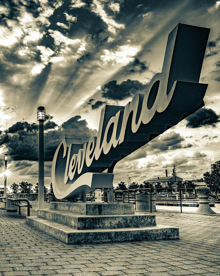 Script Sign and Sun Rays - Cleveland Ohio Sepia Photograph by Gregory ...