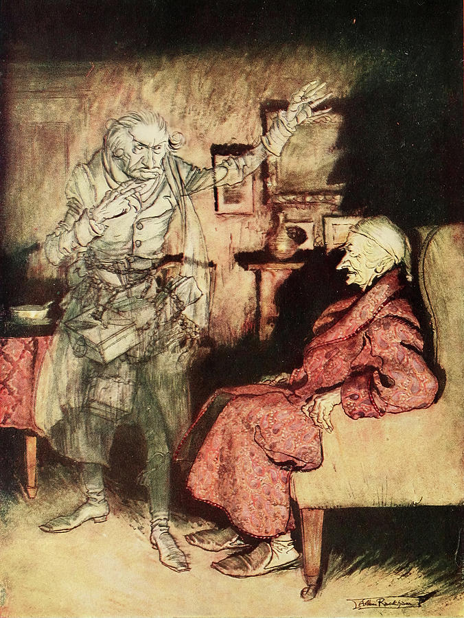 British Drawing - Scrooge and Christmas past from Christmas Carol 1915 by Arthur Rackham