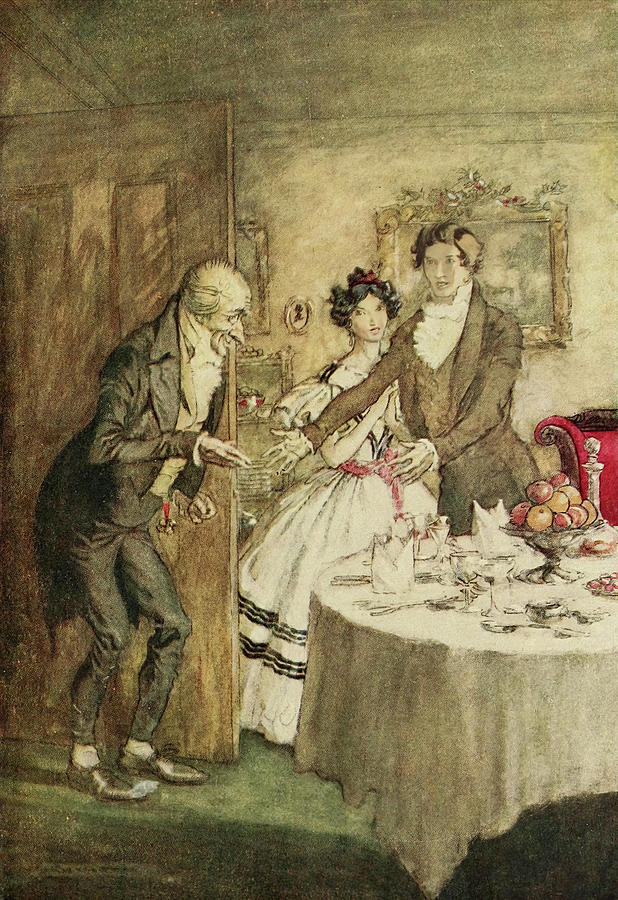 British Drawing - Scrooge for dinner from Christmas Carol 1915 by Arthur Rackham